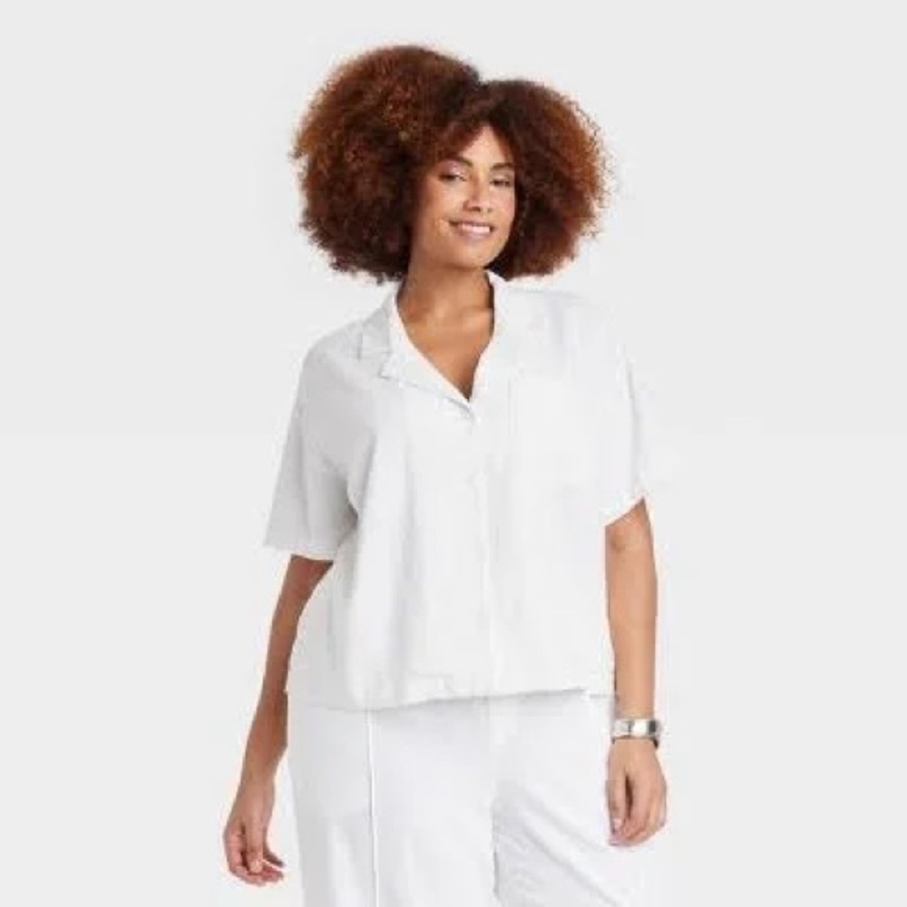 PRIMARK White Short-Sleeve Oversize Boxy Button Down Blouse Top Collar T-Shirt S - Picture 3 of 16